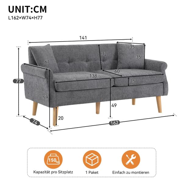2-sitssoffa med chenilleklädsel - 162 x 74 x 77 cm - Grå