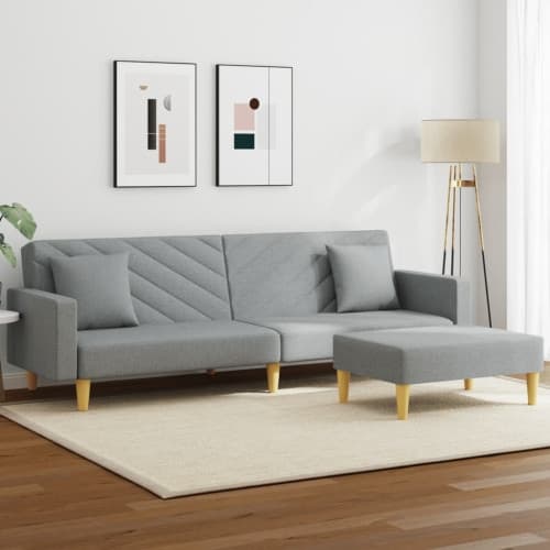 Bäddsoffa 2-sits med kuddar och fotpall ljusgrå tyg