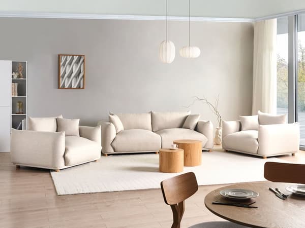 5-seters sofagruppe Lys beige Stoff 3-seters sofa 2 lenestoler Ben i tre Pynteputer Moderne og skandinavisk stil Stue