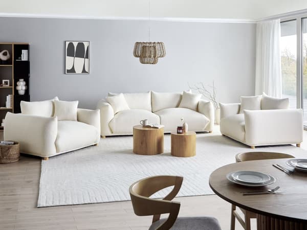 5-seters sofagruppe Off-white Bouclé 3-seters sofa 2 lenestoler Ben i tre Pynteputer Moderne og skandinavisk stil Stue