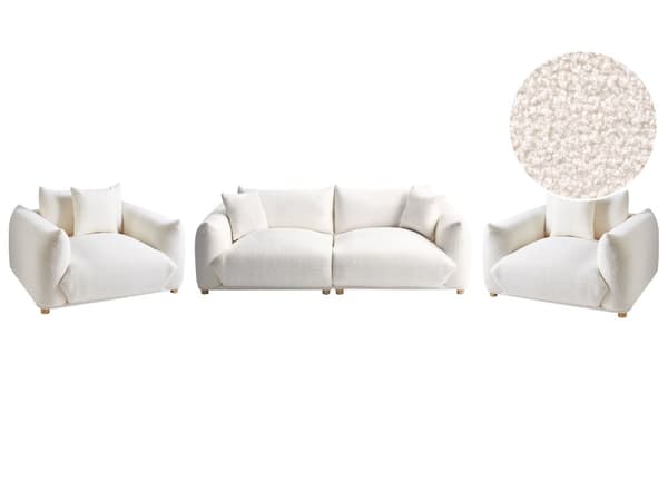 5-seters sofagruppe Off-white Bouclé 3-seters sofa 2 lenestoler Ben i tre Pynteputer Moderne og skandinavisk stil Stue