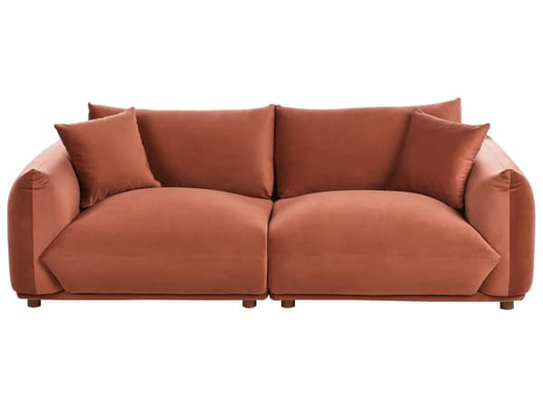 5-seters sofagruppe Gyllebrun Fløyel 3-seters sofa 2 lenestoler Ben i tre Pynteputer Moderne og skandinavisk stil Stue