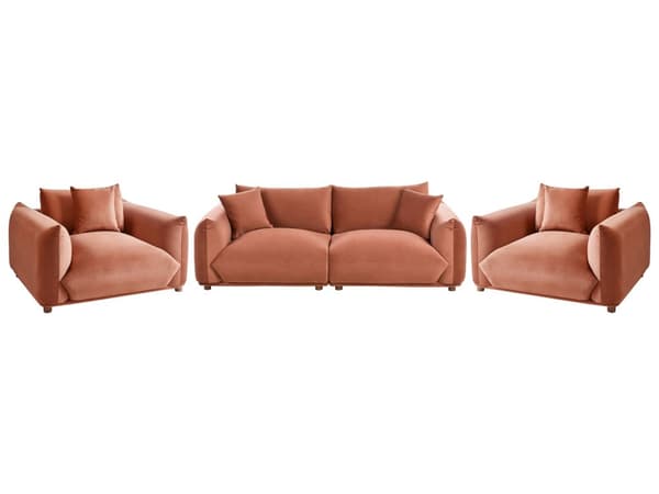 5-seters sofagruppe Gyllebrun Fløyel 3-seters sofa 2 lenestoler Ben i tre Pynteputer Moderne og skandinavisk stil Stue