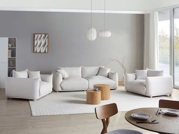5-seters sofagruppe Off-white Stoff 3-seters sofa 2 lenestoler Ben i tre Pynteputer Moderne og skandinavisk stil Stue