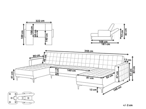 U Sofa med Dobbelt Chaiselong Sort Velour 5 Personers Sovesofa Open End Moderne Tuftet Sofa med Sovefunktion til Stue Indretning