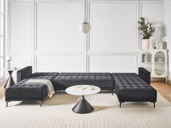 U Sofa med Dobbelt Chaiselong Sort Velour 5 Personers Sovesofa Open End Moderne Tuftet Sofa med Sovefunktion til Stue Indretning