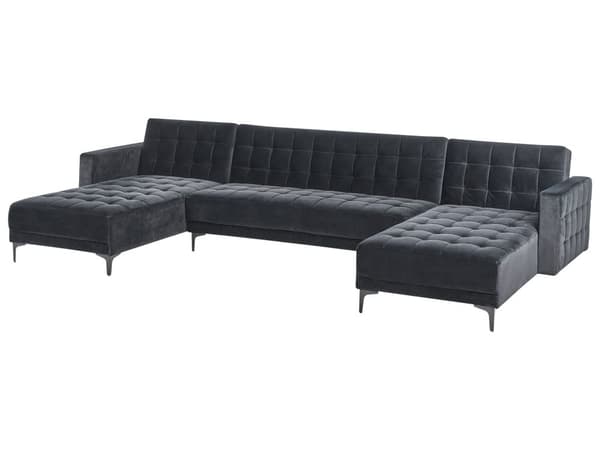 U Sofa med Dobbelt Chaiselong Sort Velour 5 Personers Sovesofa Open End Moderne Tuftet Sofa med Sovefunktion til Stue Indretning