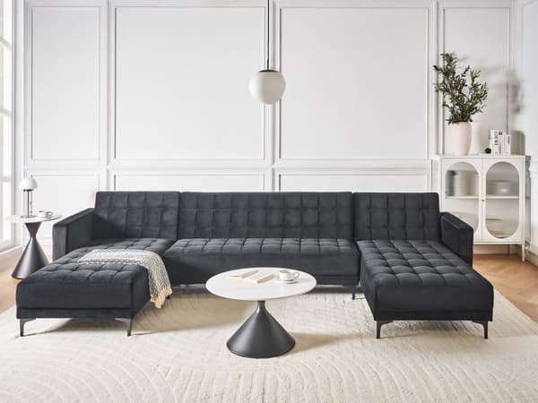 U Sofa med Dobbelt Chaiselong Sort Velour 5 Personers Sovesofa Open End Moderne Tuftet Sofa med Sovefunktion til Stue Indretning