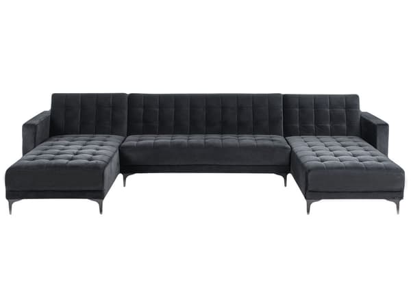 U Sofa med Dobbelt Chaiselong Sort Velour 5 Personers Sovesofa Open End Moderne Tuftet Sofa med Sovefunktion til Stue Indretning