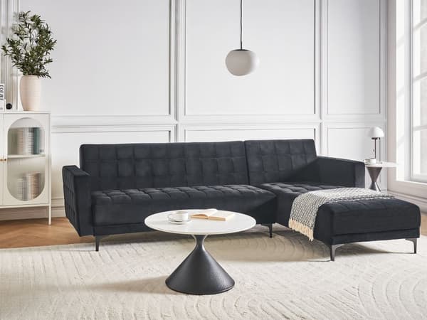 Sovesofa med Chaiselong Sort Velour 4 Personers Sofa L Formet Hjørnesofa Dyb Sofaseng Blød Stofsofa Design Hjørnesovesofa Venstrevendt