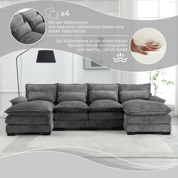 U-formad modulsoffa i grått – 4-sits soffa med ergonomisk design, 4 ländkuddar, trä- och järnram för extra hållbarhet
