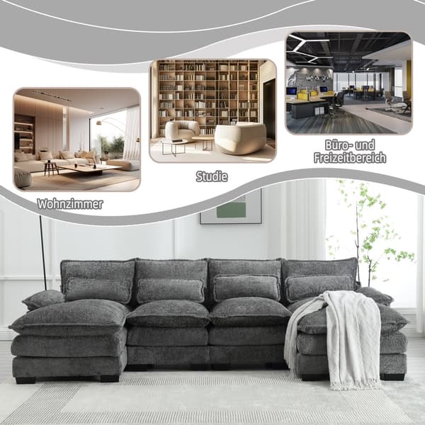 U-formad modulsoffa i grått – 4-sits soffa med ergonomisk design, 4 ländkuddar, trä- och järnram för extra hållbarhet