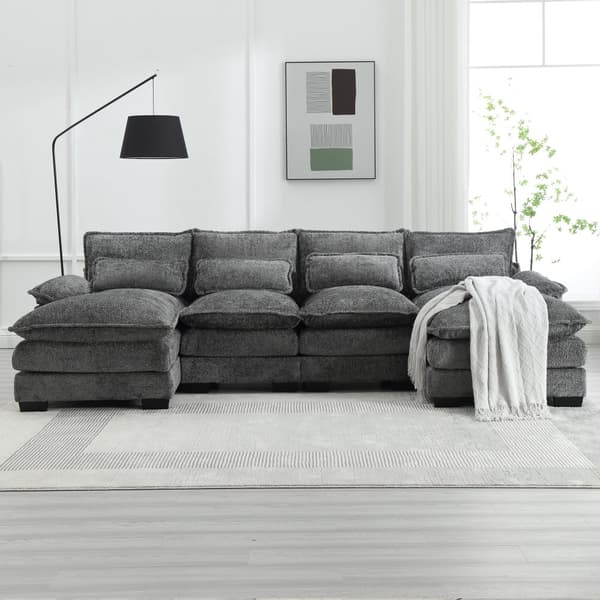 U-formad modulsoffa i grått – 4-sits soffa med ergonomisk design, 4 ländkuddar, trä- och järnram för extra hållbarhet