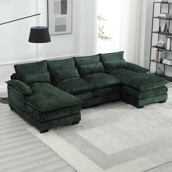 U-formad modulsoffa i smaragdgrön – 4-sits soffa med ergonomisk design, 4 ländkuddar, trä- och järnram