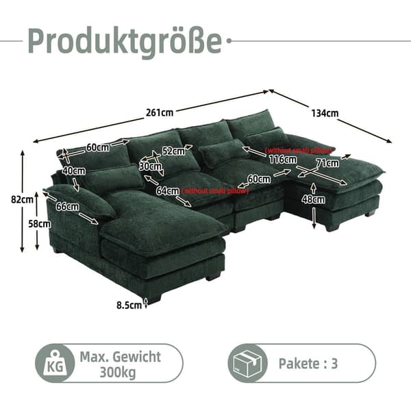 U-formad modulsoffa i smaragdgrön – 4-sits soffa med ergonomisk design, 4 ländkuddar, trä- och järnram