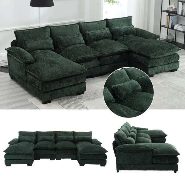 U-formad modulsoffa i smaragdgrön – 4-sits soffa med ergonomisk design, 4 ländkuddar, trä- och järnram