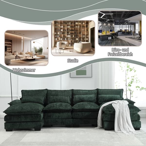 U-formad modulsoffa i smaragdgrön – 4-sits soffa med ergonomisk design, 4 ländkuddar, trä- och järnram