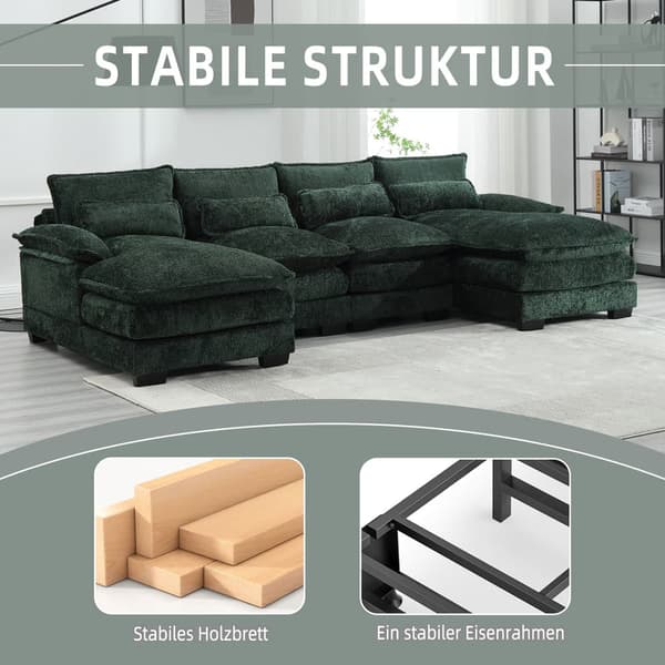U-formad modulsoffa i smaragdgrön – 4-sits soffa med ergonomisk design, 4 ländkuddar, trä- och järnram
