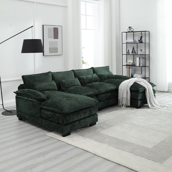 U-formad modulsoffa i smaragdgrön – 4-sits soffa med ergonomisk design, 4 ländkuddar, trä- och järnram