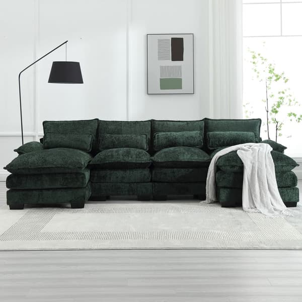 U-formet modulsofa i smaragdgrøn – 4-personers sofa med ergonomisk design, 4 lændehynder, træ- og jernstel