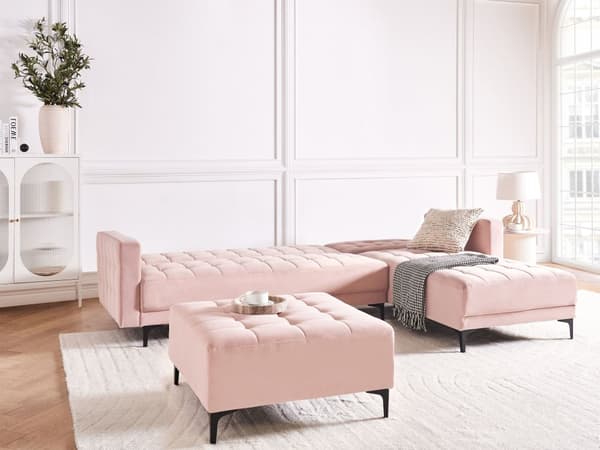 Sovesofa med Chaiselong Lyserød Velour 4 Personers Sofa L Formet Hjørnesofa med Fodskammel Sofaseng Blød Stofsofa Design Hjørnesovesofa