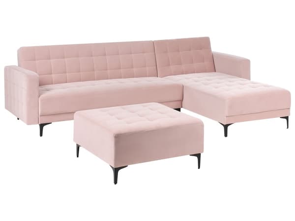 Sovesofa med Chaiselong Lyserød Velour 4 Personers Sofa L Formet Hjørnesofa med Fodskammel Sofaseng Blød Stofsofa Design Hjørnesovesofa