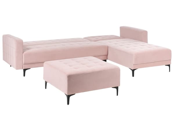 Sovesofa med Chaiselong Lyserød Velour 4 Personers Sofa L Formet Hjørnesofa med Fodskammel Sofaseng Blød Stofsofa Design Hjørnesovesofa