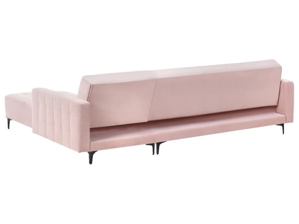 Sovesofa med Chaiselong Lyserød Velour 4 Personers Sofa L Formet Hjørnesofa med Fodskammel Sofaseng Blød Stofsofa Design Hjørnesovesofa
