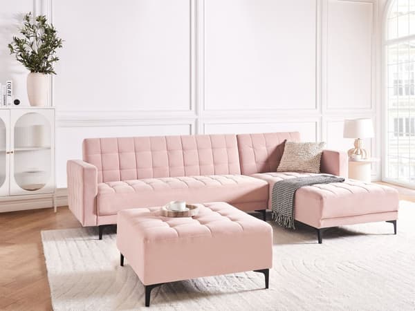 Sovesofa med Chaiselong Lyserød Velour 4 Personers Sofa L Formet Hjørnesofa med Fodskammel Sofaseng Blød Stofsofa Design Hjørnesovesofa