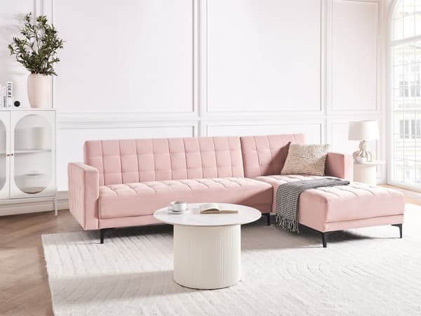 Sovesofa med Chaiselong Lyserød Velour 4 Personers Sofa L Formet Hjørnesofa Dyb Sofaseng Blød Stofsofa Design Hjørnesovesofa Venstrevendt