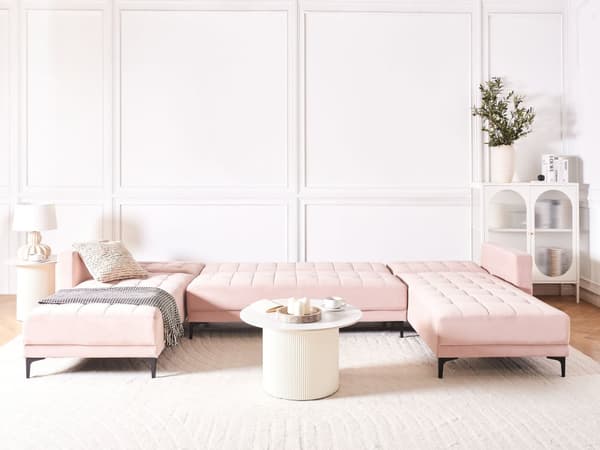 U Sofa med Dobbelt Chaiselong Lyserød Velour 5 Personers Sovesofa Open End Moderne Tuftet Sofa med Sovefunktion til Stue Indretning