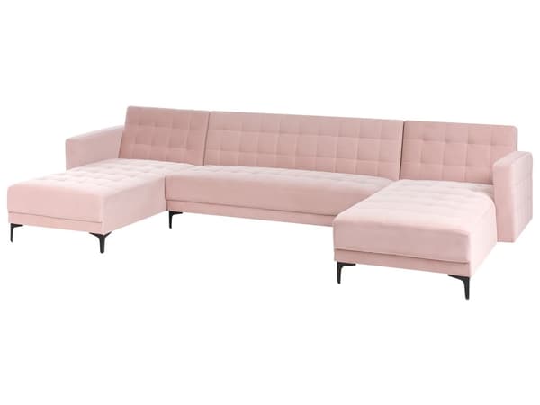 U Sofa med Dobbelt Chaiselong Lyserød Velour 5 Personers Sovesofa Open End Moderne Tuftet Sofa med Sovefunktion til Stue Indretning