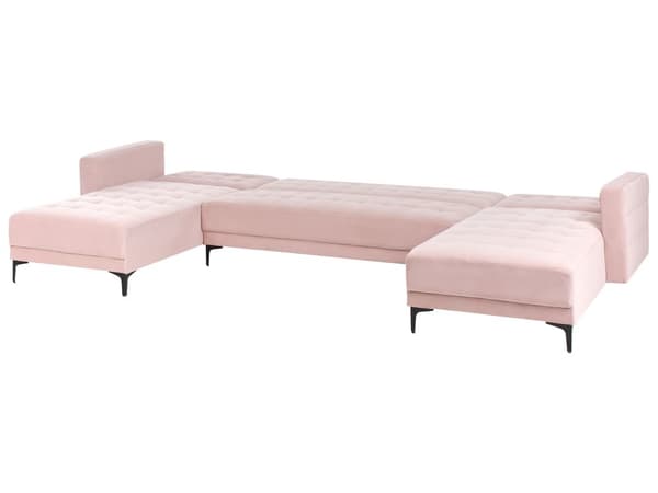 U Sofa med Dobbelt Chaiselong Lyserød Velour 5 Personers Sovesofa Open End Moderne Tuftet Sofa med Sovefunktion til Stue Indretning