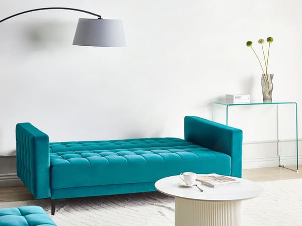 Sovesofa Blå Velour 3 Personers Moderne Blød Sofa Sofaseng Tre Personers Designsofa Praktisk Splitback Stofsofa God Liggekomfort