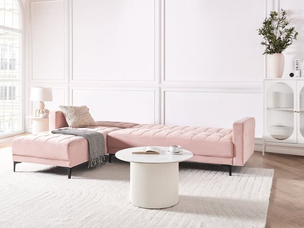 Sovesofa med Chaiselong Lyserød Velour 4 Personers Sofa L Formet Hjørnesofa Dyb Sofaseng Blød Stofsofa Design Hjørnesovesofa Højrevendt