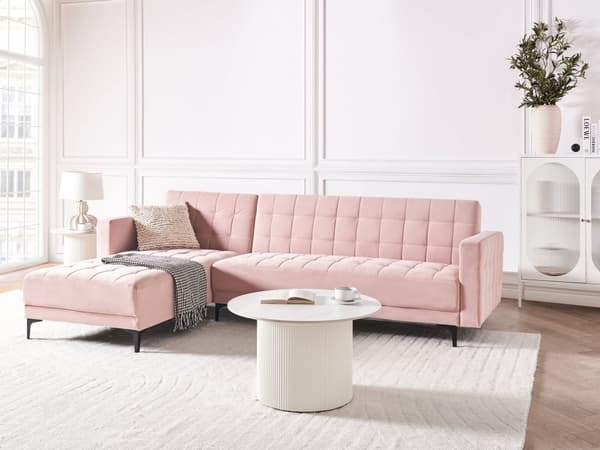 Sovesofa med Chaiselong Lyserød Velour 4 Personers Sofa L Formet Hjørnesofa Dyb Sofaseng Blød Stofsofa Design Hjørnesovesofa Højrevendt