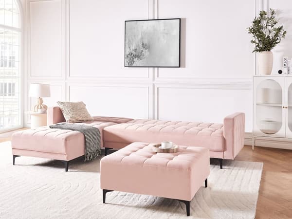 Sovesofa med Chaiselong Lyserød Velour 4 Personers Sofa L Formet Hjørnesofa med Fodskammel Sofaseng Blød Stofsofa Design Hjørnesovesofa