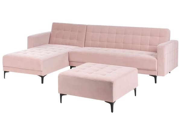 Sovesofa med Chaiselong Lyserød Velour 4 Personers Sofa L Formet Hjørnesofa med Fodskammel Sofaseng Blød Stofsofa Design Hjørnesovesofa