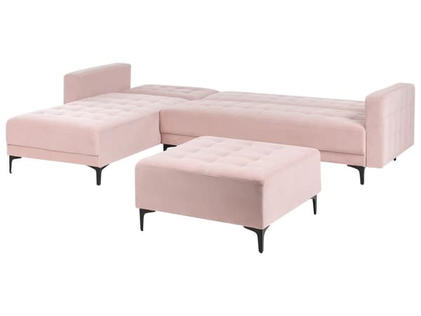 Sovesofa med Chaiselong Lyserød Velour 4 Personers Sofa L Formet Hjørnesofa med Fodskammel Sofaseng Blød Stofsofa Design Hjørnesovesofa