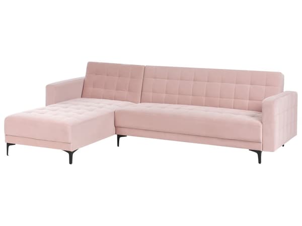 Sovesofa med Chaiselong Lyserød Velour 4 Personers Sofa L Formet Hjørnesofa med Fodskammel Sofaseng Blød Stofsofa Design Hjørnesovesofa