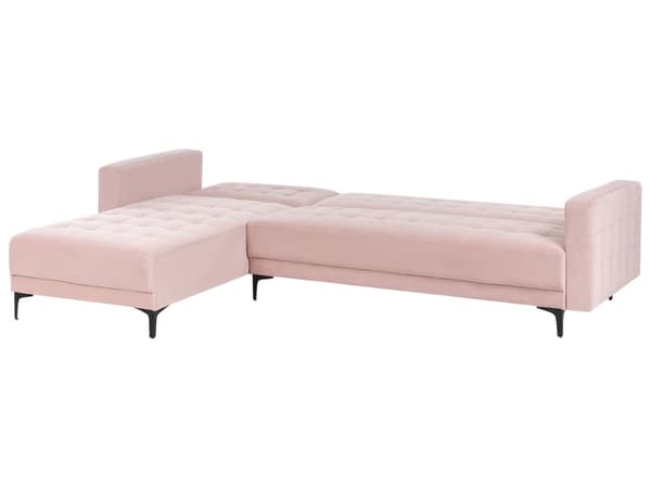 Sovesofa med Chaiselong Lyserød Velour 4 Personers Sofa L Formet Hjørnesofa med Fodskammel Sofaseng Blød Stofsofa Design Hjørnesovesofa