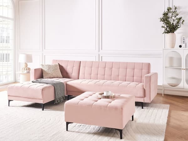 Sovesofa med Chaiselong Lyserød Velour 4 Personers Sofa L Formet Hjørnesofa med Fodskammel Sofaseng Blød Stofsofa Design Hjørnesovesofa