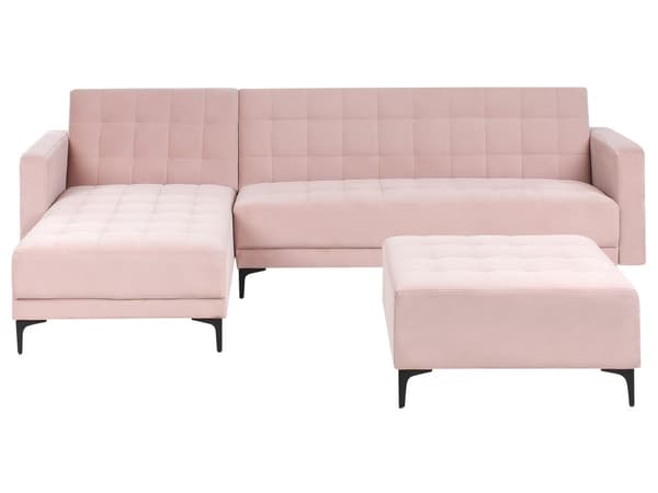 Sovesofa med Chaiselong Lyserød Velour 4 Personers Sofa L Formet Hjørnesofa med Fodskammel Sofaseng Blød Stofsofa Design Hjørnesovesofa