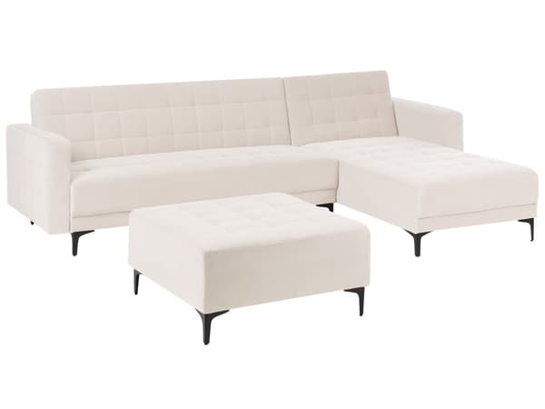 Sovesofa med Chaiselong Beige Velour 4 Personers Sofa L Formet Hjørnesofa med Fodskammel Sofaseng Blød Stofsofa Design Hjørnesovesofa