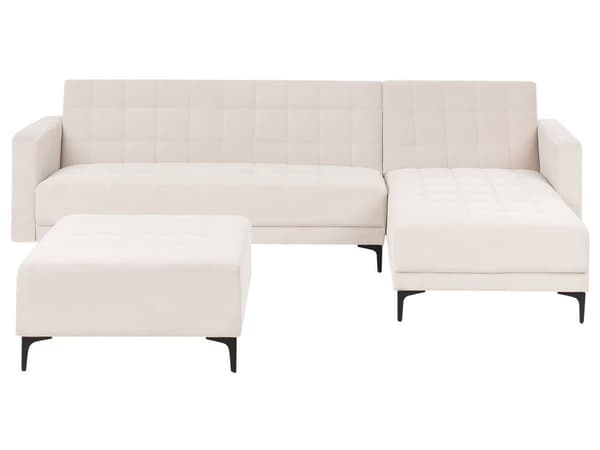 Sovesofa med Chaiselong Beige Velour 4 Personers Sofa L Formet Hjørnesofa med Fodskammel Sofaseng Blød Stofsofa Design Hjørnesovesofa