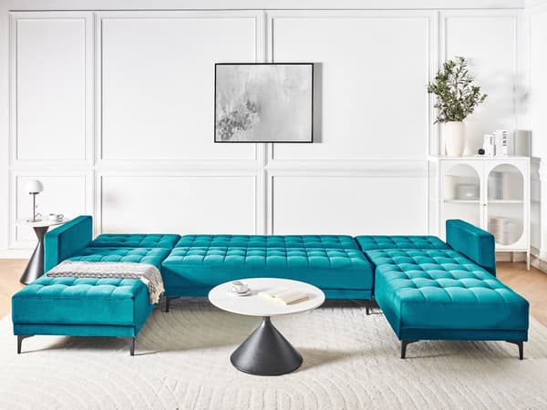 U Sofa med Dobbelt Chaiselong Blå Velour 5 Personers Sovesofa Open End Moderne Tuftet Sofa med Sovefunktion til Stue Indretning