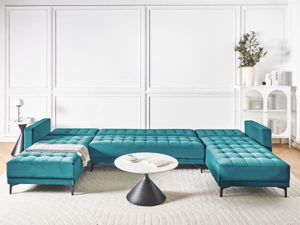 U Sofa med Dobbelt Chaiselong Blå Velour 5 Personers Sovesofa Open End Moderne Tuftet Sofa med Sovefunktion til Stue Indretning