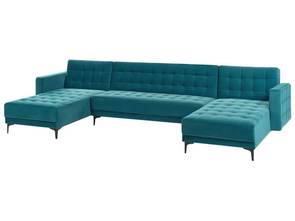 U Sofa med Dobbelt Chaiselong Blå Velour 5 Personers Sovesofa Open End Moderne Tuftet Sofa med Sovefunktion til Stue Indretning