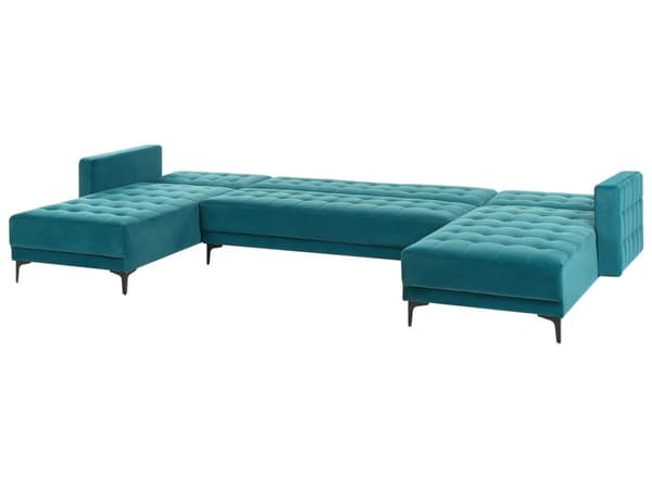 U Sofa med Dobbelt Chaiselong Blå Velour 5 Personers Sovesofa Open End Moderne Tuftet Sofa med Sovefunktion til Stue Indretning