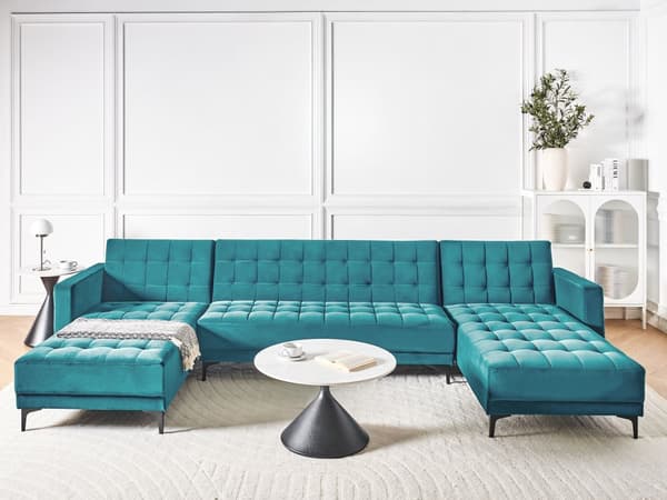 U Sofa med Dobbelt Chaiselong Blå Velour 5 Personers Sovesofa Open End Moderne Tuftet Sofa med Sovefunktion til Stue Indretning